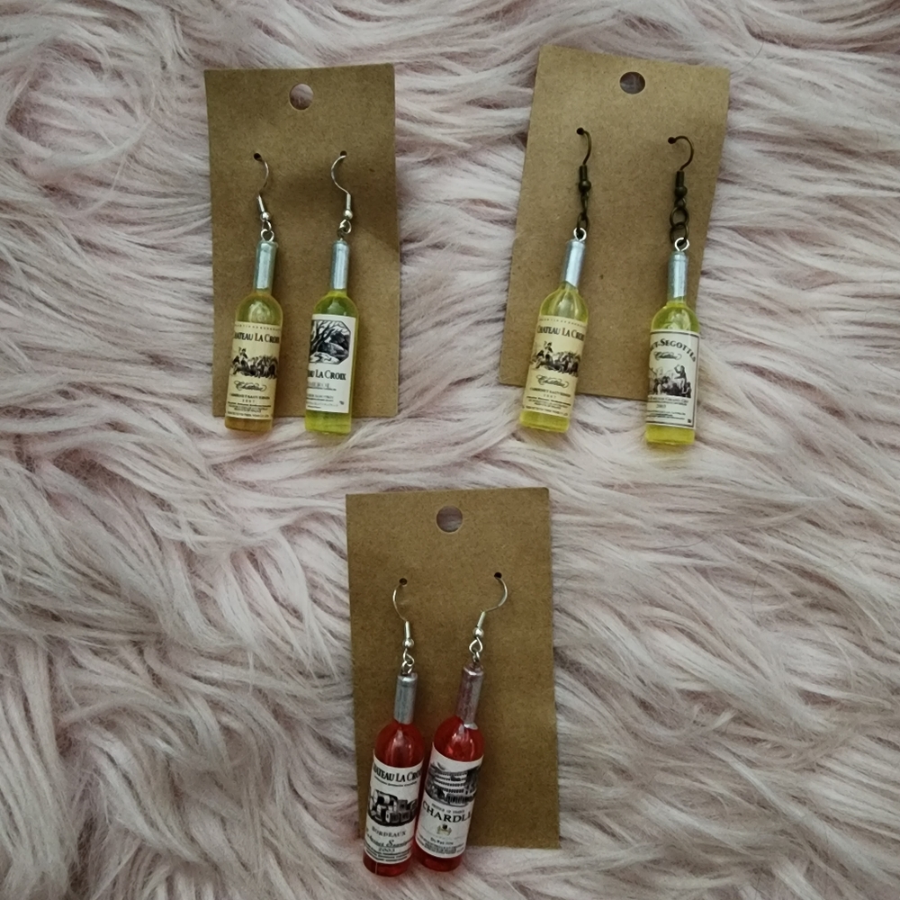 3 pairs of Handmade pink & yellow wine bottle plastic drop earrings